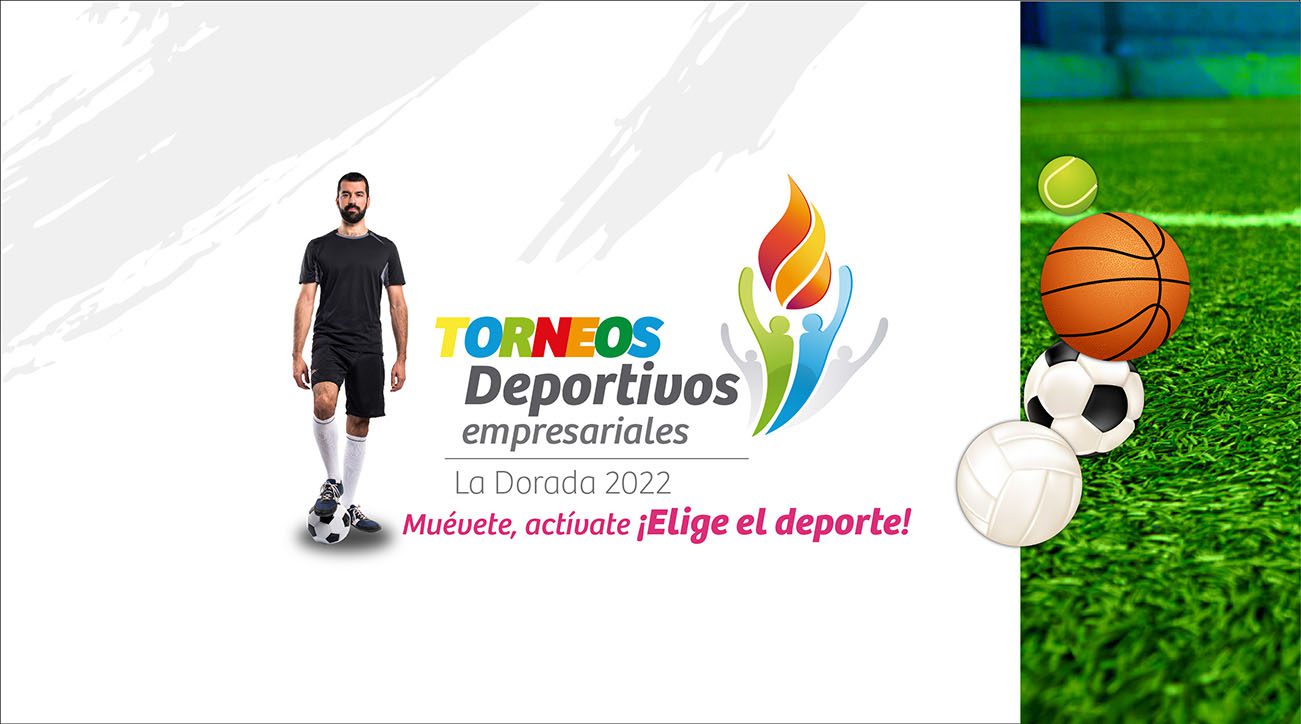 Un jugador de fútbol con el balón invita a los juegos deportivos empresariales de Manizales