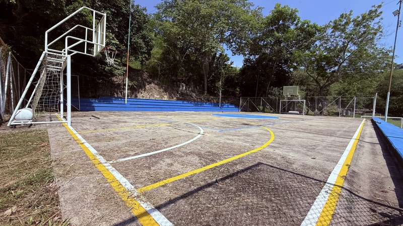 Cancha de futbol de concreto rodeada de arboles