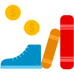 Icono-subsidioATuMedida Icono de una moneda, un zapato y dos libros