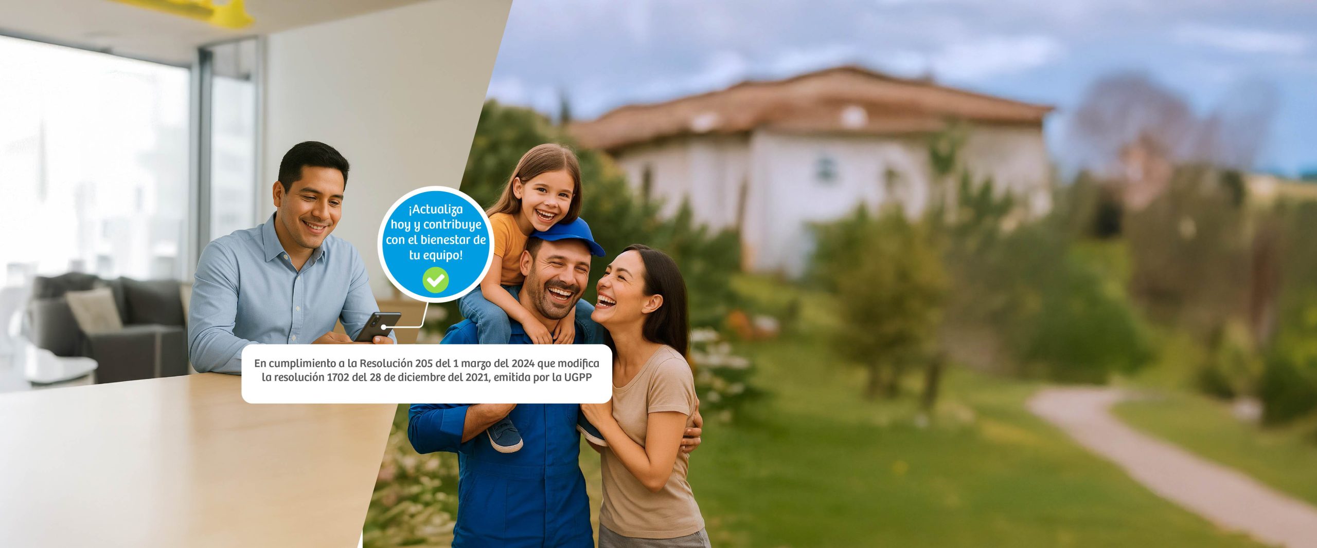 Familia sonriente y un hombre en su dispositivo movil invitando a las personas a actualizar los datos de sus empresas.