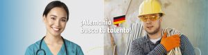 Un hombre y una mujer sonrientes porque se postularon a las vacantes en Alemania, Profesional de enfermería y Tecnólogo en Electricidad Industrial