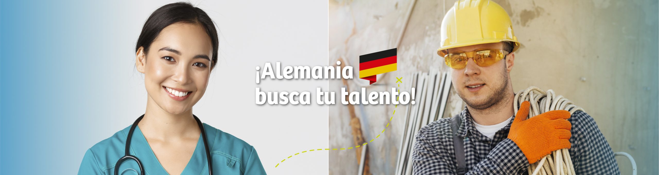 Un hombre y una mujer sonrientes porque se postularon a las vacantes en Alemania, Profesional de enfermería y Tecnólogo en Electricidad Industrial