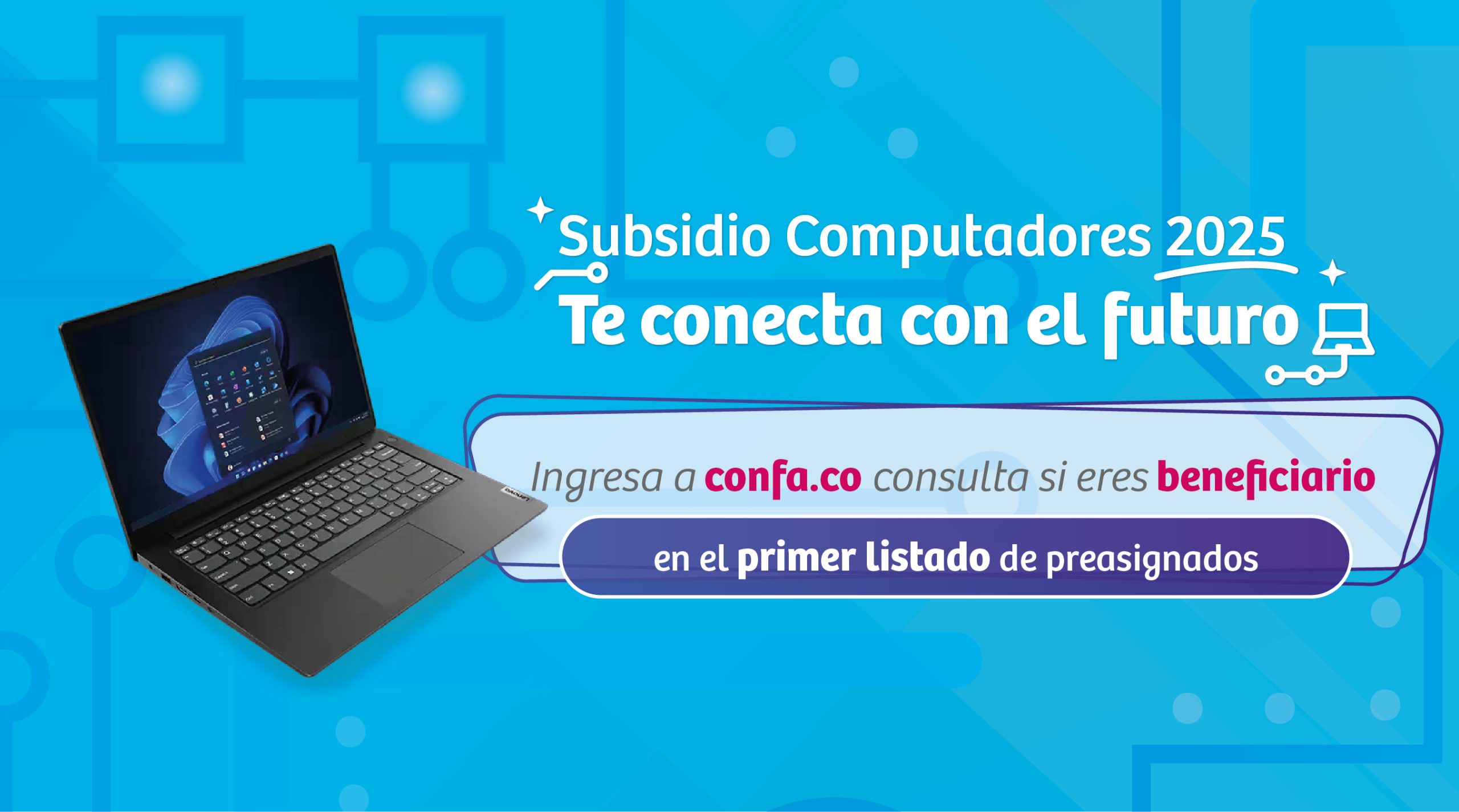 Imagen con un computador de referencia para el subsidio de computadores 2025, informando el primer listado de preasignados