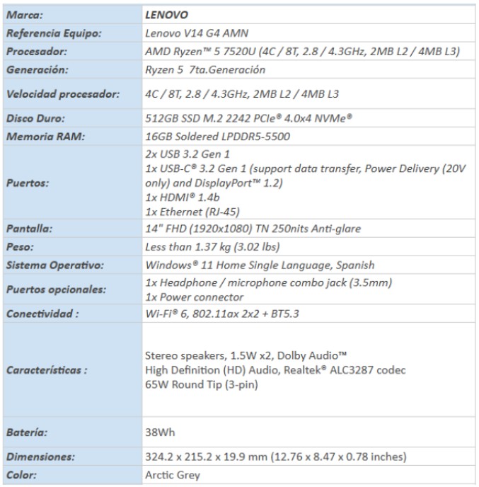 Especificaciones Computador 2026