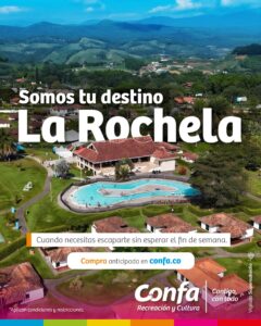 Fotografía aérea del Centro Recreacional La Rochela con el concepto "Somos tu destino" y la invitación a realizar la compra de entradas en confa.co
